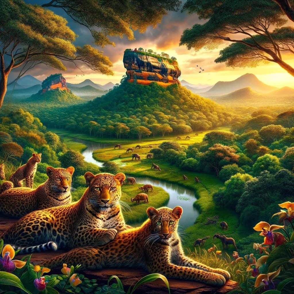 vibrant scene capturing the essence of Sri Lanka's diverse attractions. In the foreground, a family of wild leopards lounges grac