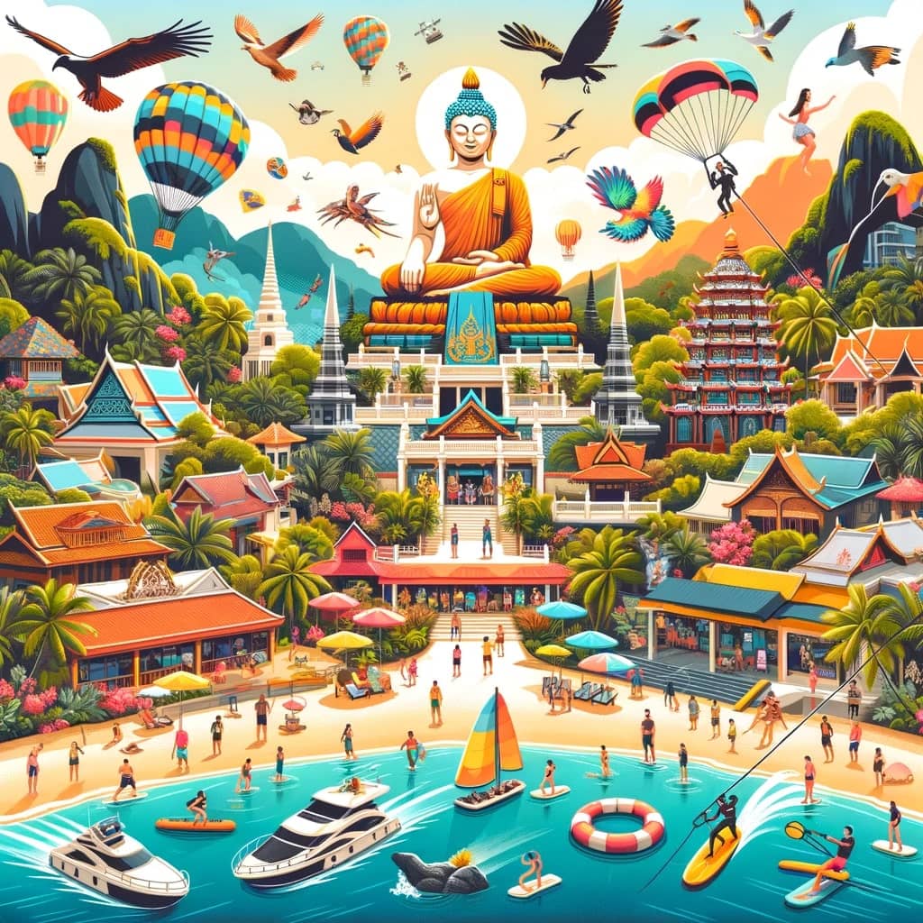 colorful collage-style infographic showcasing the top 12 most beautiful attractions and destinations in Phuket, Thailand. The infographic sho