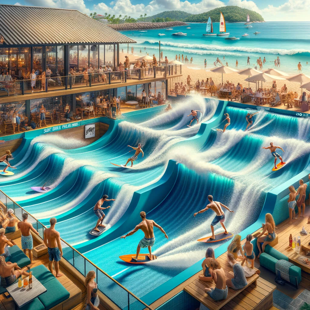 Surf House Phuket at Kata Beach, a bustling hub for surfing enthusiasts with a vibrant atmosphere. In the center of the scene, surfers of va