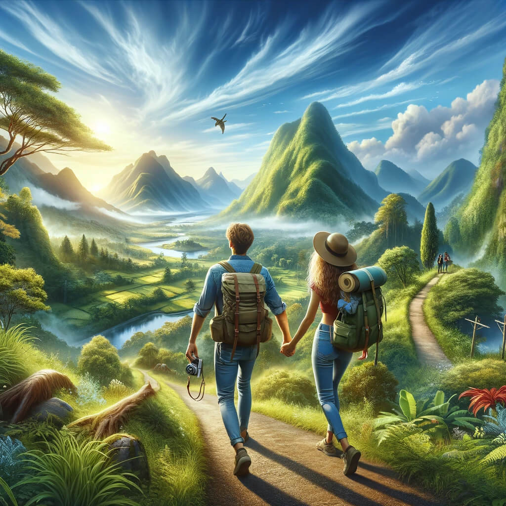 couple exploring a picturesque landscape, embodying the spirit of adventure and companionship. They are walking hand in hand along a scenic