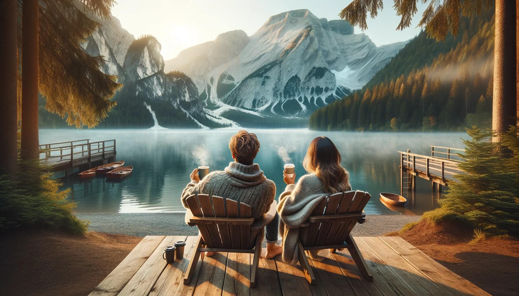 tranquil setting depicting stress-free travel for a couple. The image should capture a couple in a moment of relaxation and